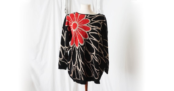Oversized Black Sweater w BIg Flower in Red and M… - image 1