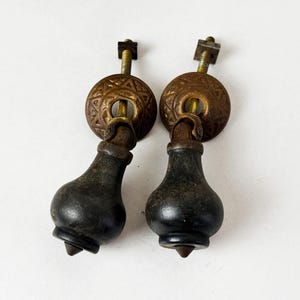 Pair of Two Victorian Pendant Drawer Knobs / Swinging Wooden Handles / Cabinet Pulls / Vintage Antique Hardware