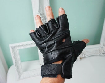 XL Black Leather Fingerless Biker Gloves / Vintage Motorcycle Rocker Clothing