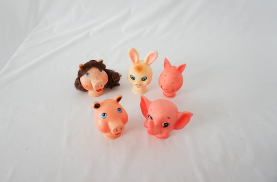 Pairs of Two Various Animal Doll Heads for Reuse or Repurpose / Vintage Elephant Rabbit Pig Childrens Toy