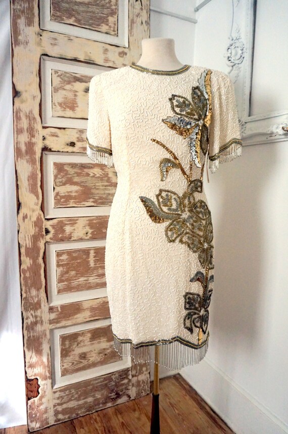 white and gold sequin cocktail dress