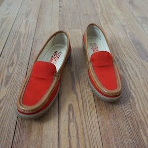 Red Canvas Ferragamo Flats / Women Loafers Sz 5N Narrow Boating Shoe / Low Heel Walking Slippers Size 5