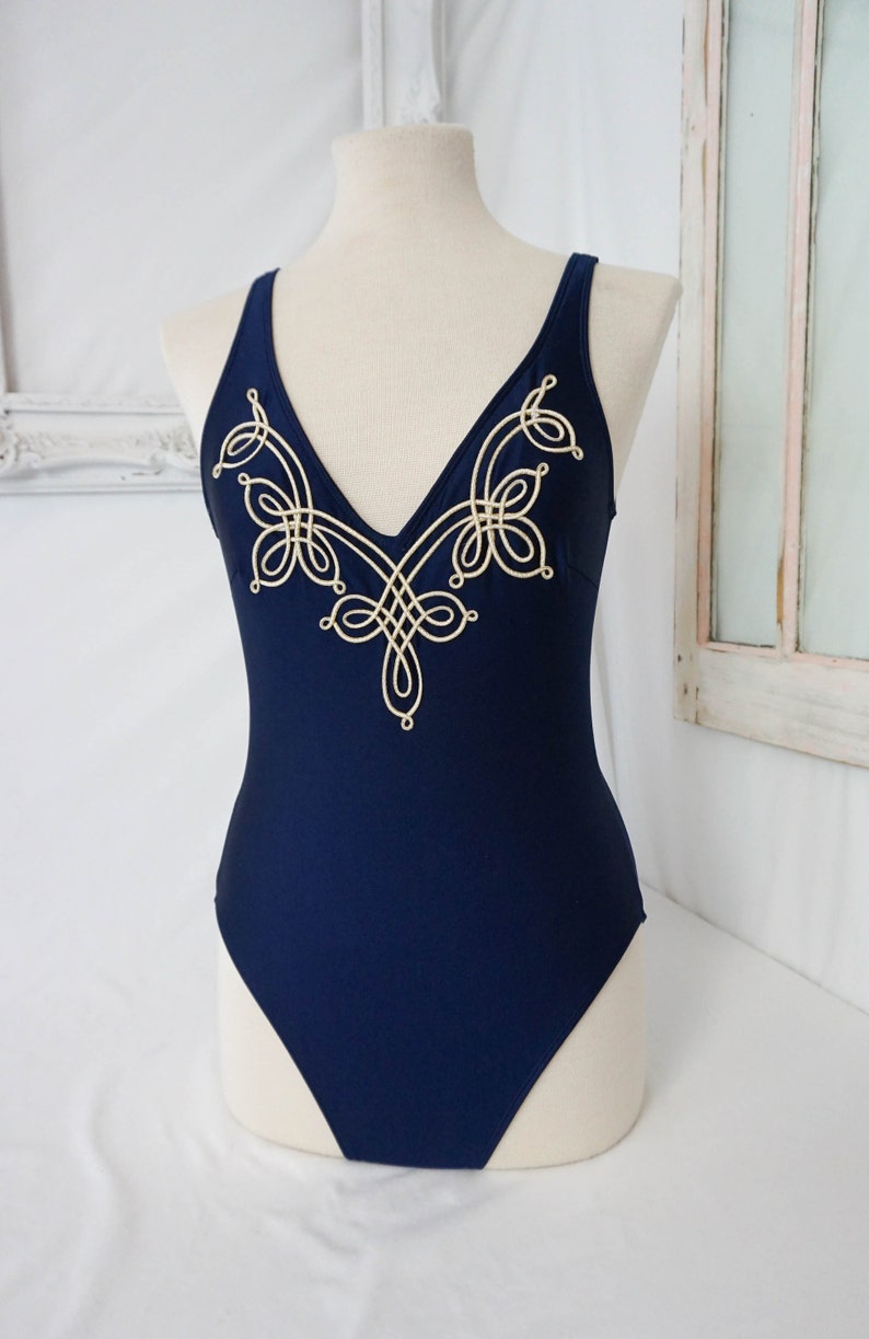 Navy Blue One Piece Swim Suit with Gold Decoration / Vintage Etsy