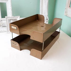 Two Tier Wooden In/Out Letter Tray / Vintage Stacking Office Paper Storage / Metal Desk Box / Mid Century Industrial Decor