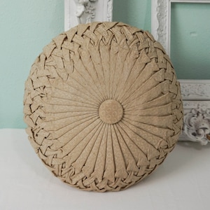 Fat Round Tufted Textured Silk Throw Pillow / Vintage Decor