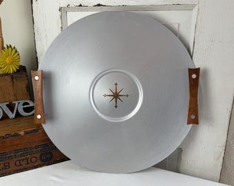Huge MCM Aluminum Platter with Teak Wood Handles and Starburst / 1950s Atomic Era Mod Party Vintage Charcuterie Board