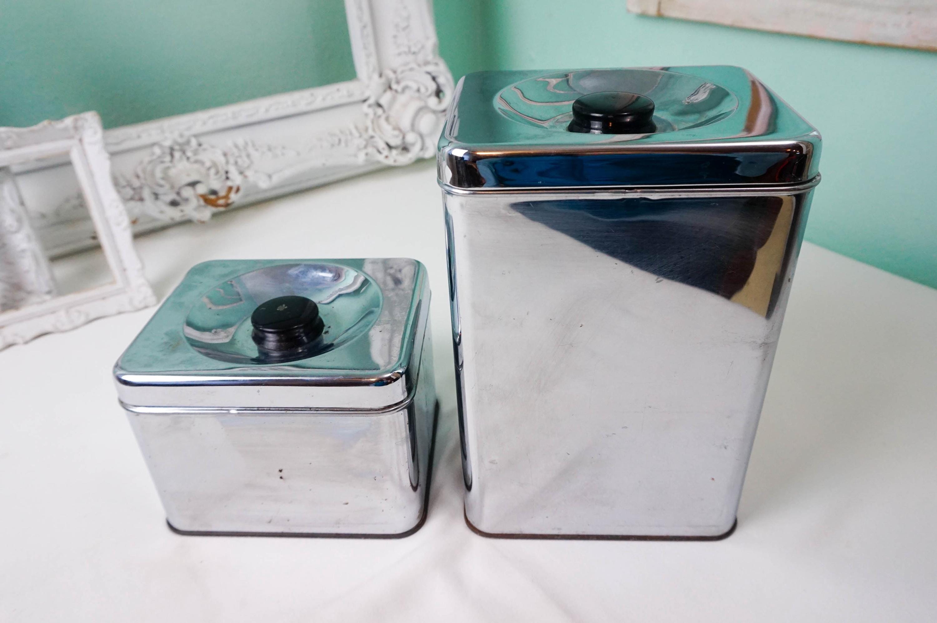 Two Shiny Chrome Canisters / MCM Vintage Kitchen Coffee and Flour