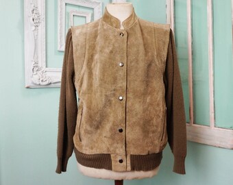 Mens Suede Leather and Knit Snap Front Cardigan / Vintage Retro Sweater Jacket Men Sz M