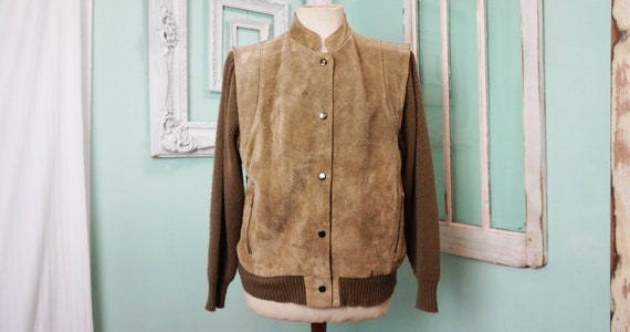 Mens Suede Leather and Knit Snap Front Cardigan /… - image 1