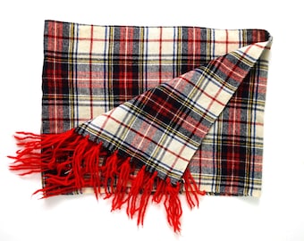 Red and White Plaid Wool Scarf With Red Fringe / Vintage Winter Accessories