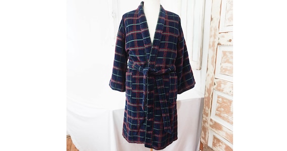 Blue Plaid Thick Terrycloth Robe / Vintage Mens Dr
