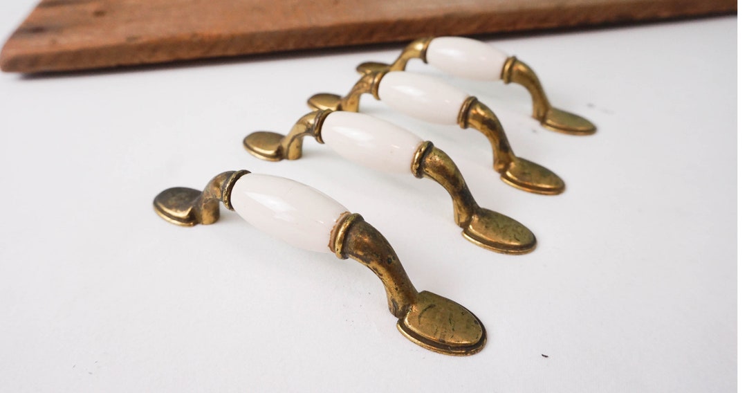 Set of FIVE (5) Drawer or Cabinet Handles Brassy With Ivory White ...