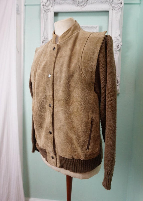 Mens Suede Leather and Knit Snap Front Cardigan /… - image 3