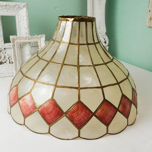 Capiz Shell and Brass Lamp Shade / Pink Seashells / Vintage Boho Beach House Decor / Tropical Frosted Lighting