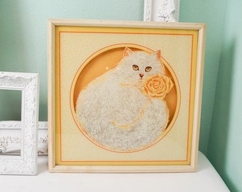 Reverse Printed Glass Shadow Box Fluffy White Cat with Rose / Vintage 70s Framed / Angora Kitty Art