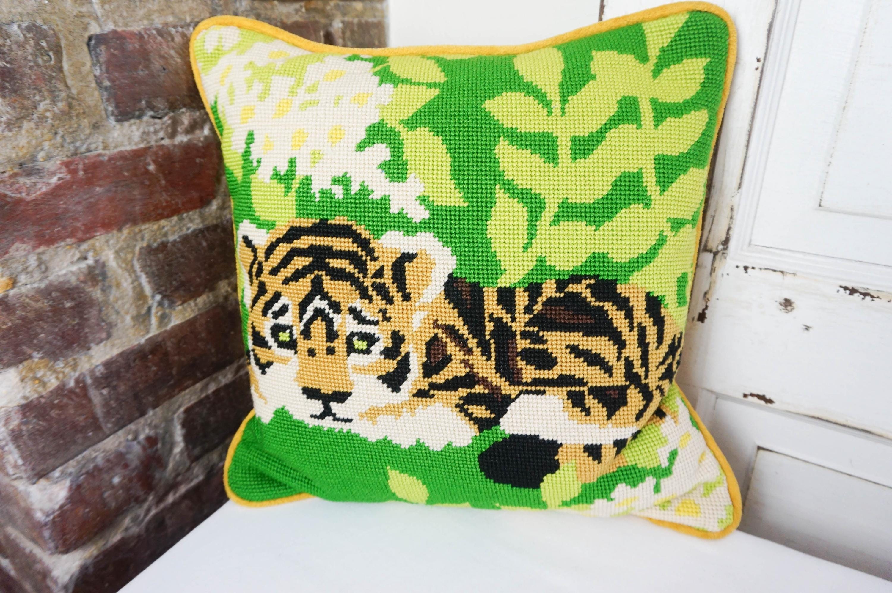 Tiger Cub Needlepoint Pillow / Vintage Throw Pillow / Animal Theme