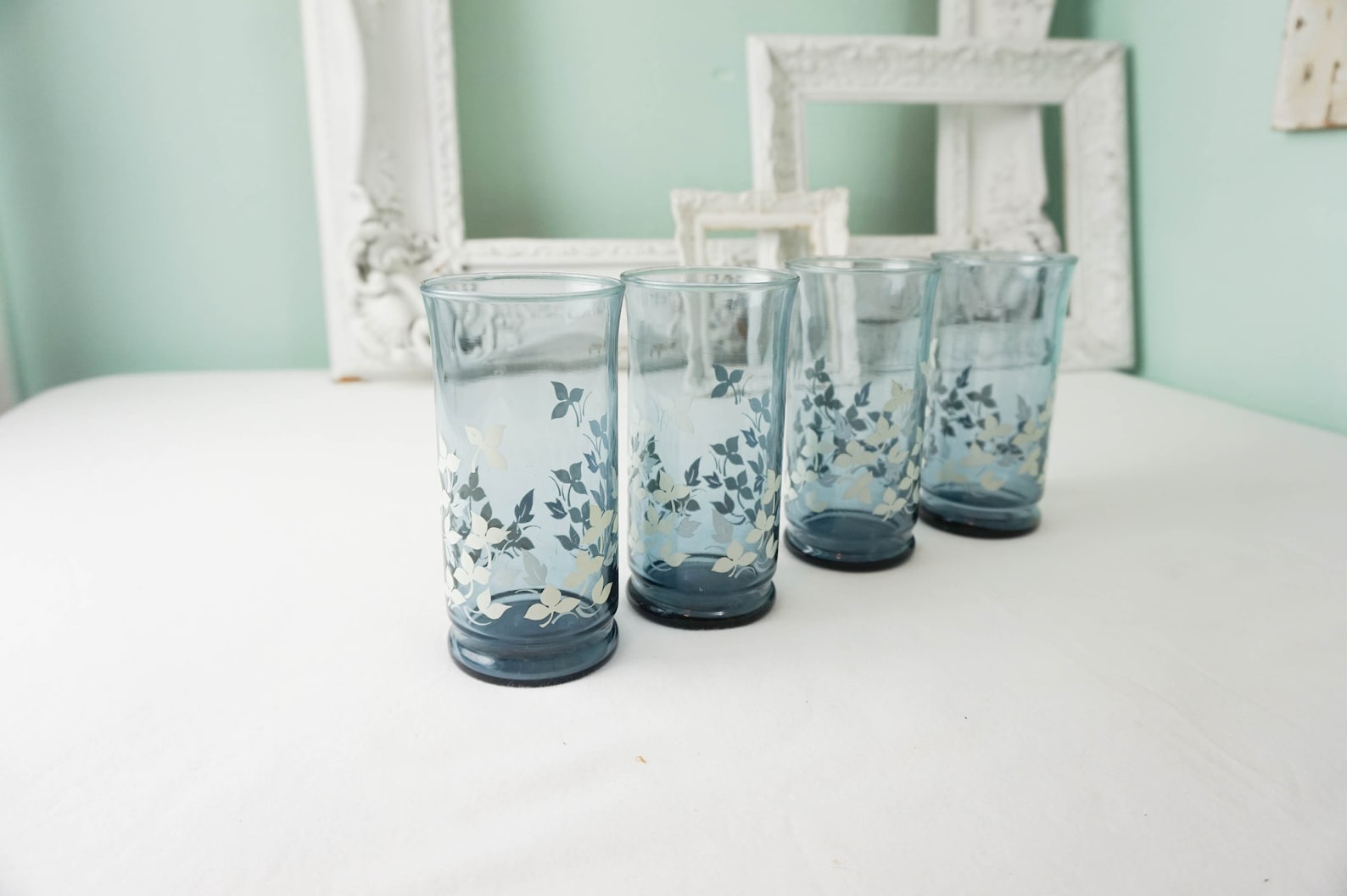 Set of 4 Blue Drinking Glasses / Vintage Table Barware Etsy