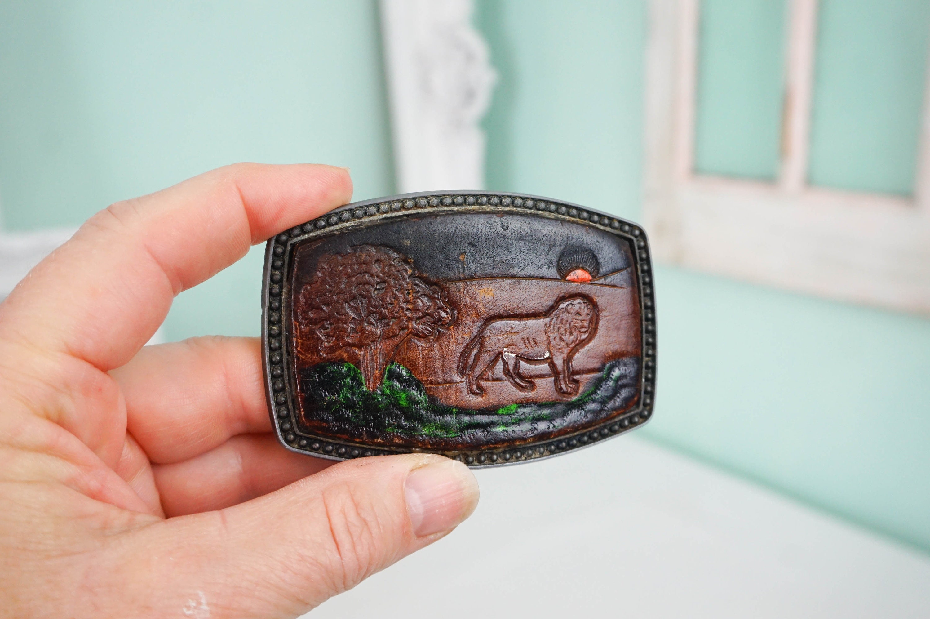 Vintage Brown Leather Painted Safari Animal Embossed Belt Size Small African Lion Leather Embossed Belt Buckle and Black Leather  main image 2