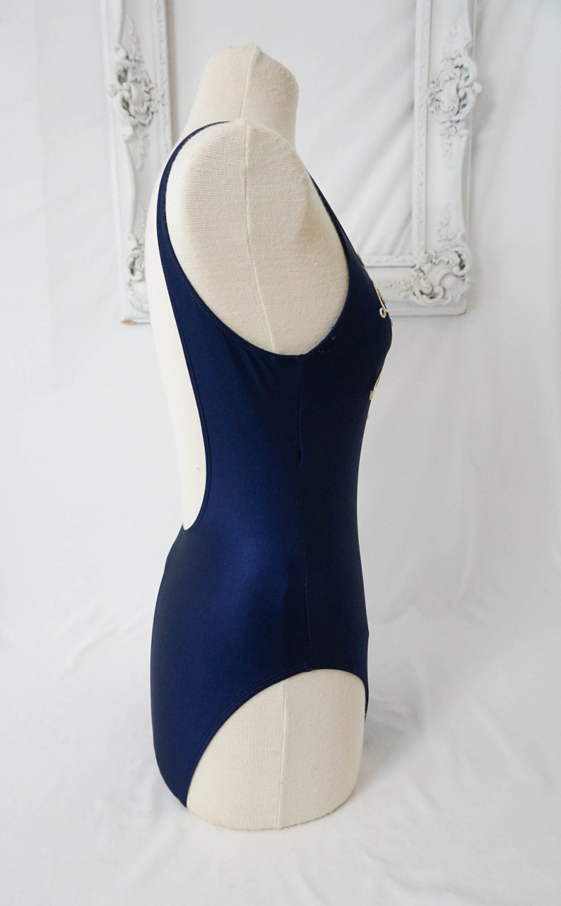 Navy Blue One Piece Swim Suit with Gold Decoration / Vintage Etsy