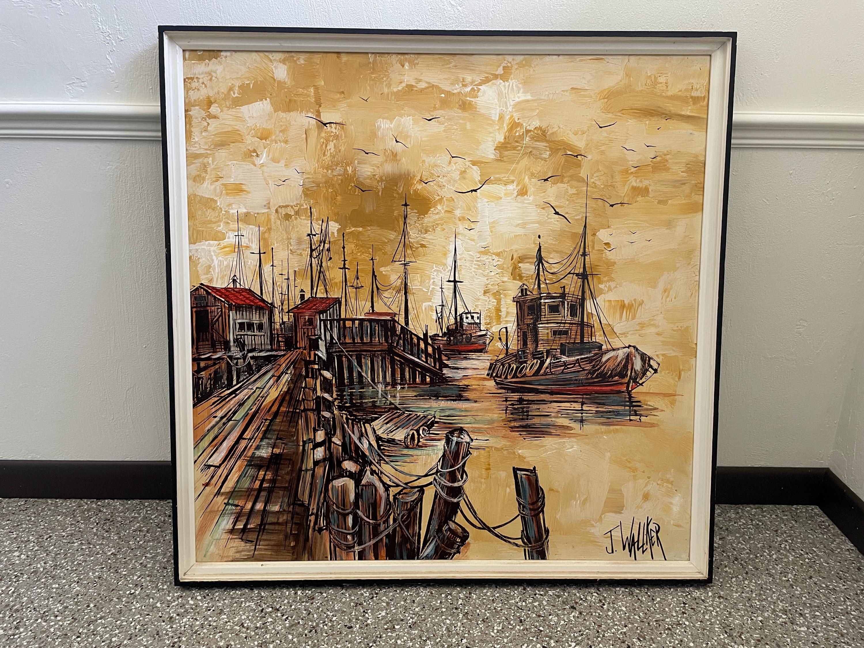 J Wallker Signed MCM Oil Painting Nautical Scene / Brutalist