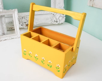 Teleflora Divided Flatware Carrier / Wooden Desk Compartment Storage / Vintage Yellow Wooden Box / Colorful Decor