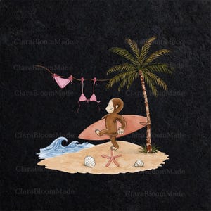 Surfer Monkey Desert Island SVG PNG, Retro Beach Wave Graphic, Dark Background Sublimation Tshirt, Cricut Digital Download