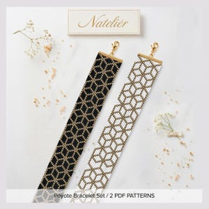 May include: Two long, flat beaded bracelets featuring a geometric cube pattern. One bracelet is black and gold, the other is white and gold. Both have gold-tone metal end bars and lobster clasps. Text reads Natelier and Peyote Bracelet Set / 2 PDF PATTERNS.