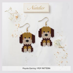 May include: A pair of beaded earrings featuring a dog design crafted with brown, tan, and cream-colored beads. The earrings hang from gold-toned metal hooks. The image includes the text Nateliér and Peyote Earring / PDF PATTERN.
