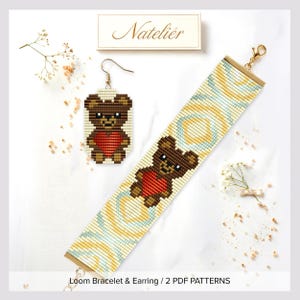 May include: A beaded loom bracelet and a single matching earring featuring a brown teddy bear holding a red heart. The design includes a light yellow and blue swirl background. The text Natelier and Loom Bracelet & Earring / 2 PDF PATTERNS are visible.