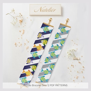 May include: Two rectangular beaded bracelets featuring a repeating fish pattern. One bracelet has a dark blue background with yellow, orange, and purple fish, while the other has a light gray background with blue and yellow fish. Both have gold clasps.