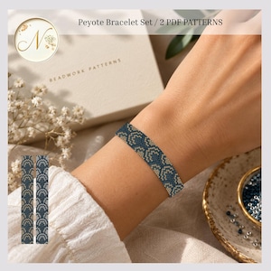 May include: A peyote bracelet set featuring two PDF patterns with a geometric design in dark blue and gold beads. The bracelet is worn on a wrist, displaying a repeating pattern of interlocking semicircles. The text reads Peyote Bracelet Set / 2 PDF PATTERNS.