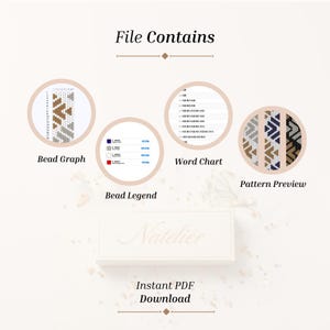 May include: A digital file download titled File Contains, featuring four circular sections: Bead Graph, Bead Legend with color codes, Word Chart with row instructions, and Pattern Preview showing geometric designs in blue, tan, and grey.