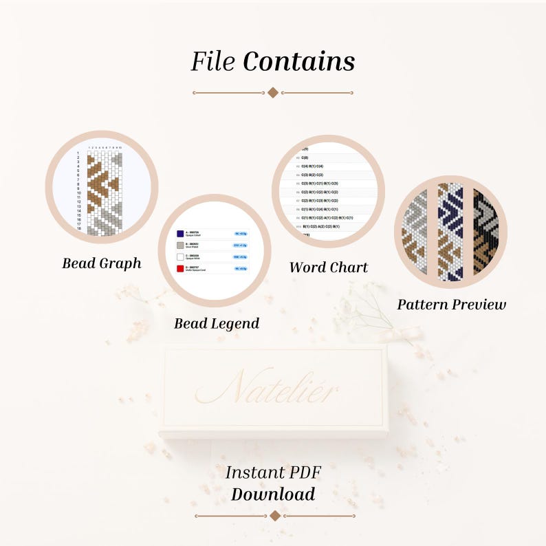 May include: A digital file download titled File Contains, featuring four circular sections: Bead Graph, Bead Legend with color codes, Word Chart with row instructions, and Pattern Preview showing geometric designs in blue, tan, and grey.