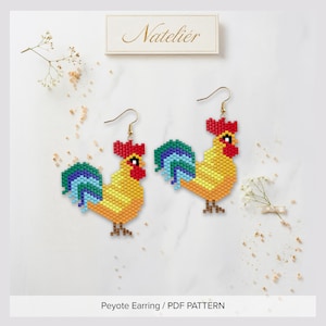 May include: A pair of rooster-shaped earrings crafted from small square beads in yellow, orange, red, blue, and green. The earrings feature gold-tone hooks and are displayed alongside a label with the text Natelier and Peyote Earring / PDF PATTERN.