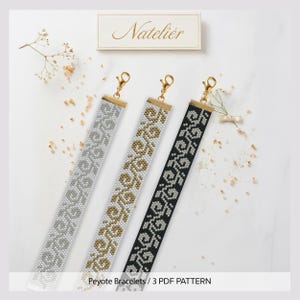 May include: Three beaded peyote bracelets in silver, gold, and black, each with a decorative pattern and gold-colored clasp. The bracelets are displayed on a white surface with the text "Natelier" and "Peyote Bracelets / 3 PDF PATTERN".