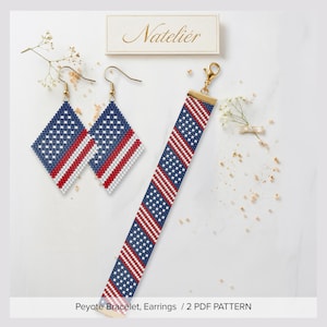 American Flag Peyote Stitch Bracelet - Earrings Pattern PDF | Miyuki Delica 11/0 | USA Anniversary Jewelry | (Digital Download)