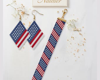 American Flag Peyote Stitch Bracelet - Earrings Pattern PDF | Miyuki Delica 11/0 | USA Anniversary Jewelry | (Digital Download)