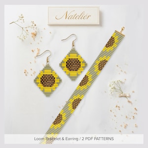 May include: A set of beaded jewelry featuring two diamond-shaped earrings and a long bracelet, each displaying a sunflower pattern in yellow, brown, and light green. The text Natelier is visible at the top, and Loom Bracelet & Earring / 2 PDF PATTERNS is at the bottom.