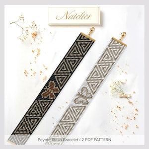 May include: Two peyote stitch bracelets featuring geometric triangle patterns and a butterfly motif. One bracelet is black with gold accents, the other is white with gold accents. Both have gold-tone metal end caps and lobster claw clasps.