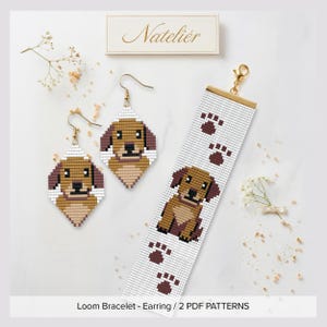 May include: A pair of diamond-shaped beaded earrings and a rectangular beaded bracelet featuring pixelated brown dog portraits and paw prints. The jewelry set includes gold-tone hardware and is labeled with the text Nateliér and Loom Bracelet Earring 2 PDF PATTERNS.