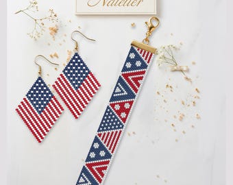 Bracelet Peyotl drapeau américain - Patron de boucles d'oreilles PDF | Miyuki Delica 11/0 | Bijoux d'anniversaire américains | (Téléchargement numérique)