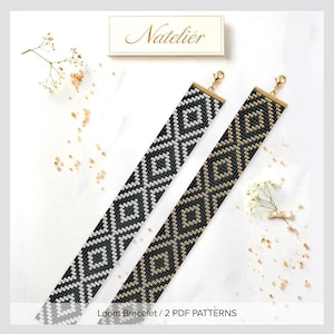 May include: Two long loom bracelets featuring a geometric diamond pattern. One bracelet is black and white, while the other is black and gold. Both have gold-tone metal end caps with lobster claw clasps. Text reads Natelier and Loom Bracelet 2 PDF PATTERNS.