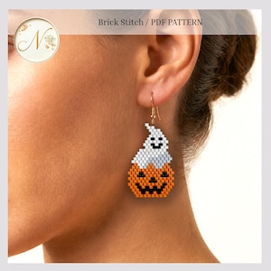 May include: A beaded earring featuring a white ghost sitting atop an orange jack-o'-lantern with black facial features. The design is created with a brick stitch pattern. The text Brick Stitch / PDF PATTERN is visible at the top.