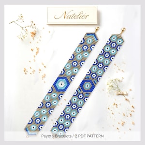 May include: Two long, rectangular beaded strips featuring a geometric pattern of blue, light blue, white, and metallic gold beads. Each strip has a gold-toned lobster claw clasp at the top. The text Natelier and Peyote Bracelets / 2 PDF PATTERN appears.