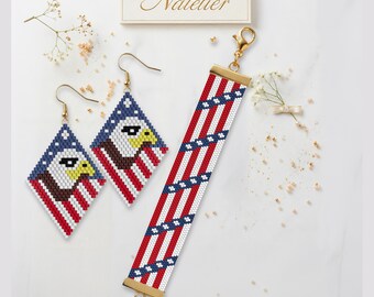 Bracelet Peyotl drapeau américain - Patron de boucles d'oreilles PDF | Miyuki Delica 11/0 | Bijoux d'anniversaire américains | (Téléchargement numérique)