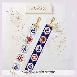 May include: Two beaded bracelets featuring a nautical theme with repeating anchor and ship wheel motifs in blue, red, and white. Each bracelet has a gold-tone lobster clasp. The text Natelier and Peyote Bracelet / 2 PDF PATTERNS is visible.