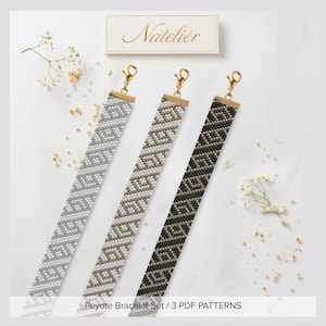 May include: Three long, flat peyote stitch bracelets featuring geometric patterns in silver, white, and black. Each bracelet has a gold-tone metal end bar and a lobster claw clasp. The text Natelier and Peyote Bracelet Set / 3 PDF PATTERNS is visible.
