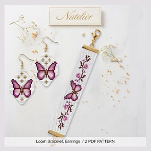 May include: A set of beaded jewelry including two diamond-shaped earrings and a rectangular bracelet, all featuring white backgrounds with purple butterfly motifs and gold-tone hardware. The text Natelier is visible at the top, and the text Loom Bracelet, Earrings / 2 PDF PATTERN is at the bottom.