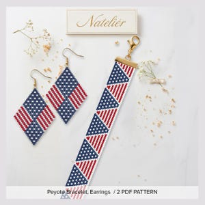 May include: A beaded jewelry set featuring two diamond-shaped earrings and a long rectangular bracelet, all crafted with a red, white, and blue geometric pattern. The bracelet includes a gold-tone metal clasp. A label displays the text Natelier.