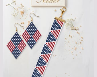 American Flag Peyote Stitch Bracelet - Earrings Pattern PDF | Miyuki Delica 11/0 | USA Anniversary Jewelry | (Digital Download)